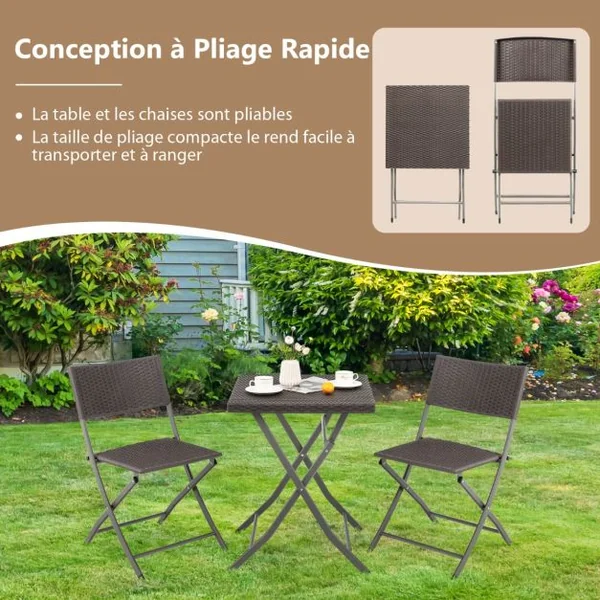 Ensemble Table et Chaises de Jardin 3 Pièces en Polyrotin Table Carrée Pliable pour Bistro Cour Blacon Piscine Marron