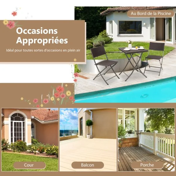 Ensemble Table et Chaises de Jardin 3 Pièces en Polyrotin Table Carrée Pliable pour Bistro Cour Blacon Piscine Marron