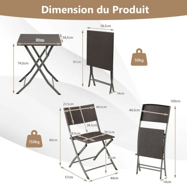 Ensemble Table et Chaises de Jardin 3 Pièces en Polyrotin Table Carrée Pliable pour Bistro Cour Blacon Piscine Marron