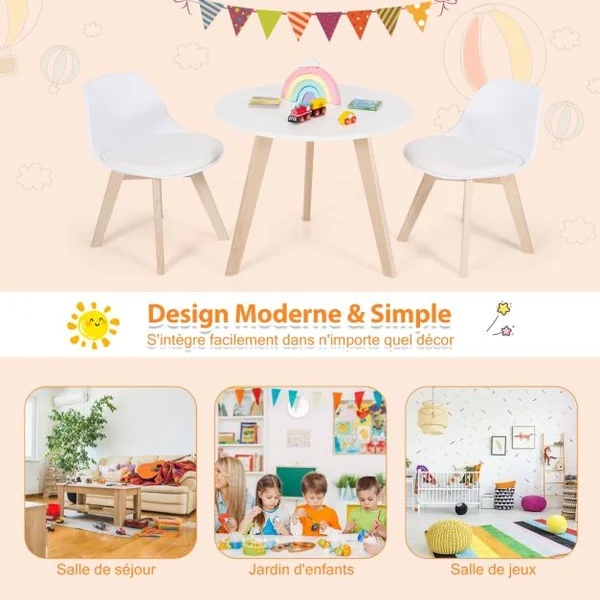 Ensemble Table et Chaises pour Enfants Pieds en Bois de Hêtre Robuste pour Jouer Dessiner Manger Etudier