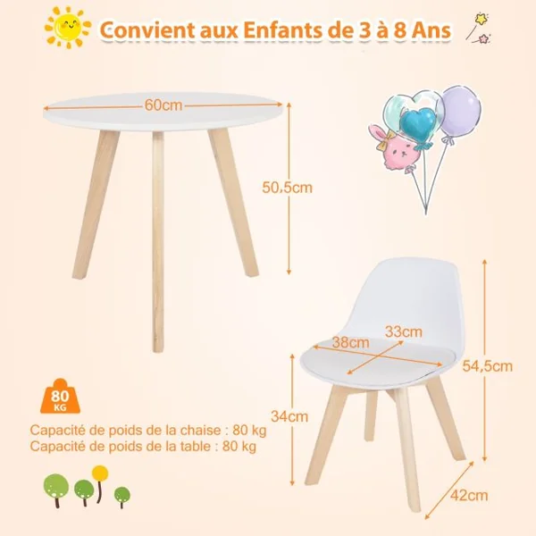 Ensemble Table et Chaises pour Enfants Pieds en Bois de Hêtre Robuste pour Jouer Dessiner Manger Etudier