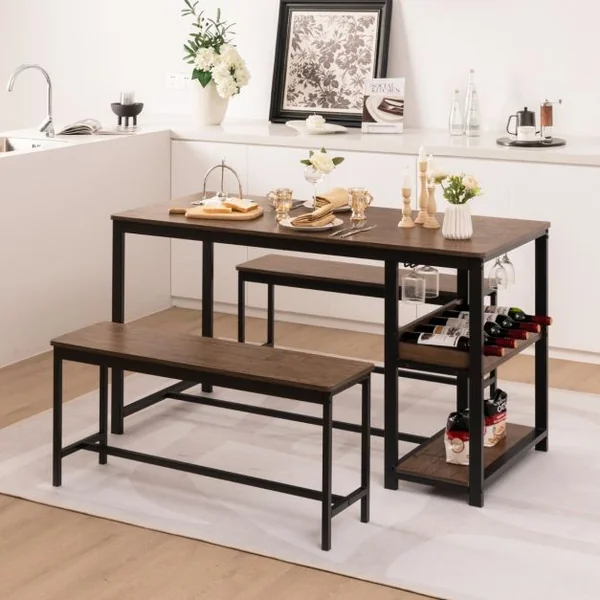 Ensemble Table à Manger avec 2 Bancs pour 4 Personnes avec Casier à Vin Porte-gobelet et Structure en Métal