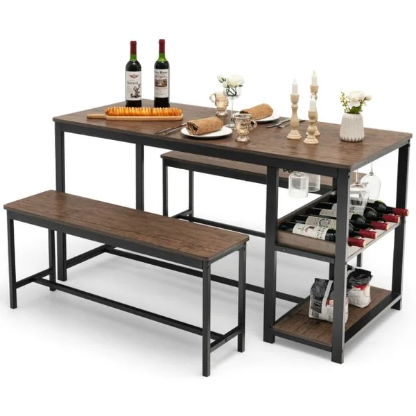 Ensemble Table à Manger avec 2 Bancs pour 4 Personnes avec Casier à Vin Porte-gobelet et Structure en Métal