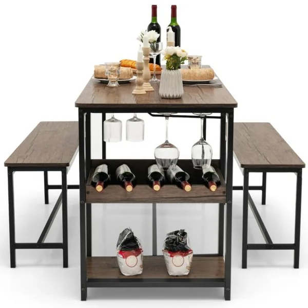 Ensemble Table à Manger avec 2 Bancs pour 4 Personnes avec Casier à Vin Porte-gobelet et Structure en Métal