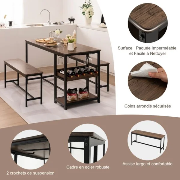 Ensemble Table à Manger avec 2 Bancs pour 4 Personnes avec Casier à Vin Porte-gobelet et Structure en Métal