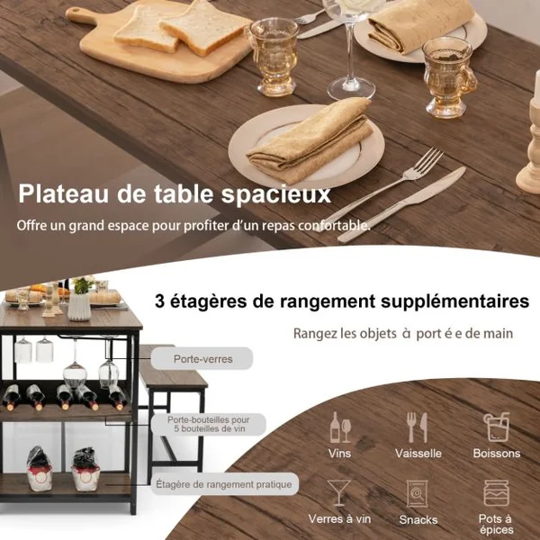Ensemble Table à Manger avec 2 Bancs pour 4 Personnes avec Casier à Vin Porte-gobelet et Structure en Métal