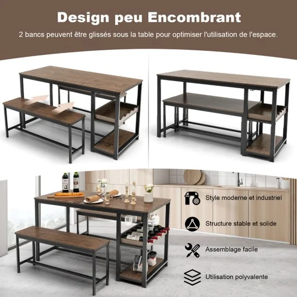 Ensemble Table à Manger avec 2 Bancs pour 4 Personnes avec Casier à Vin Porte-gobelet et Structure en Métal
