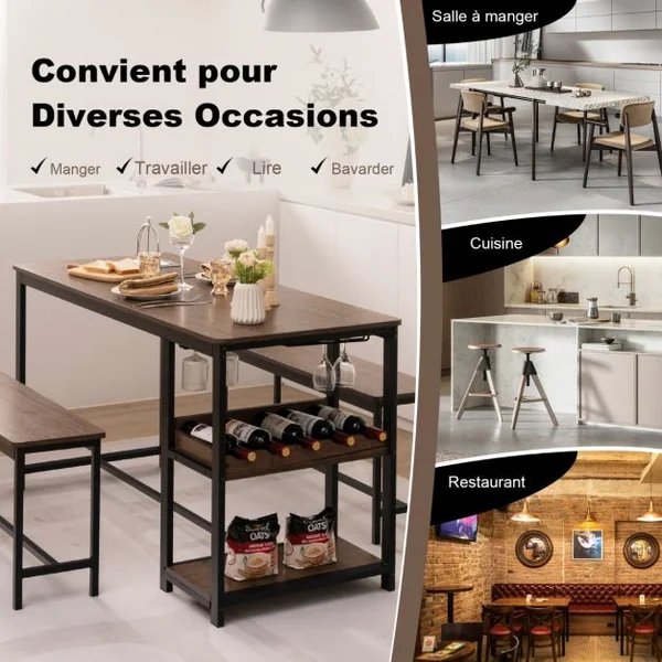 Ensemble Table à Manger avec 2 Bancs pour 4 Personnes avec Casier à Vin Porte-gobelet et Structure en Métal