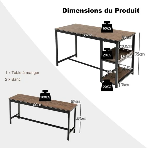 Ensemble Table à Manger avec 2 Bancs pour 4 Personnes avec Casier à Vin Porte-gobelet et Structure en Métal