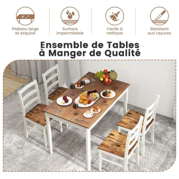 Ensemble Table à Manger et 4 Chaises Pieds en Bois d'Hévéa Table Cuisine Rectangulaire 108 x 66,5cm pour Salle à Manger Cuisine Café