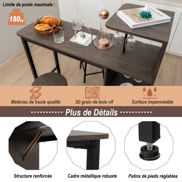 Ensmeble Table de Bar Mange debout avec 2 Tabourets Table Haute 120 x 40 x 121,5 CM Style Industriel Café