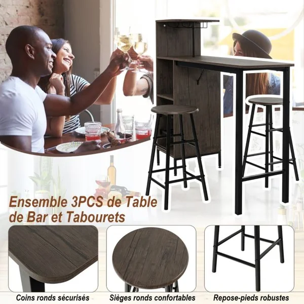 Ensmeble Table de Bar Mange debout avec 2 Tabourets Table Haute 120 x 40 x 121,5 CM Style Industriel Café