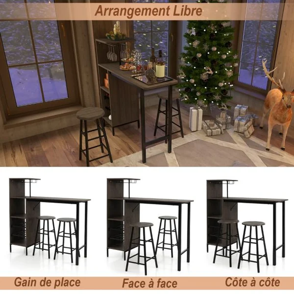 Ensmeble Table de Bar Mange debout avec 2 Tabourets Table Haute 120 x 40 x 121,5 CM Style Industriel Café