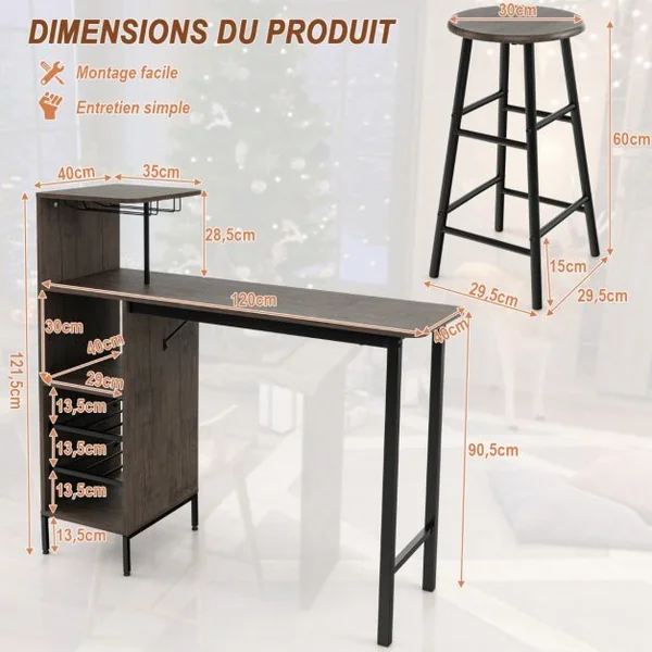 Ensmeble Table de Bar Mange debout avec 2 Tabourets Table Haute 120 x 40 x 121,5 CM Style Industriel Café