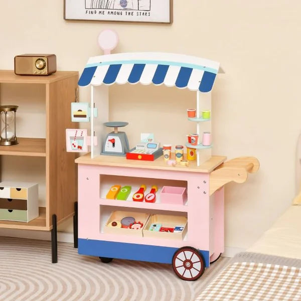 Epicerie Enfant en Bois avec 30 PCS Accessoires Marchande Enfants avec Auvent Supérieur & Poignée de Poussée Motif d’Aliments Mignons 3 Ans+