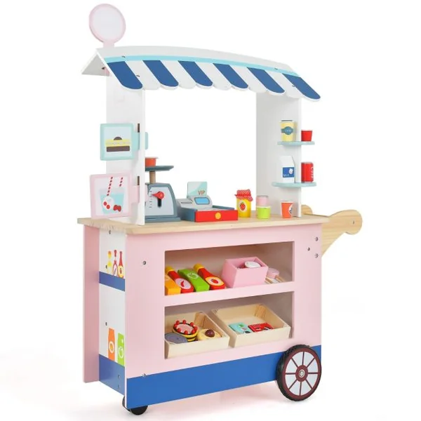 Epicerie Enfant en Bois avec 30 PCS Accessoires Marchande Enfants avec Auvent Supérieur & Poignée de Poussée Motif d’Aliments Mignons 3 Ans+
