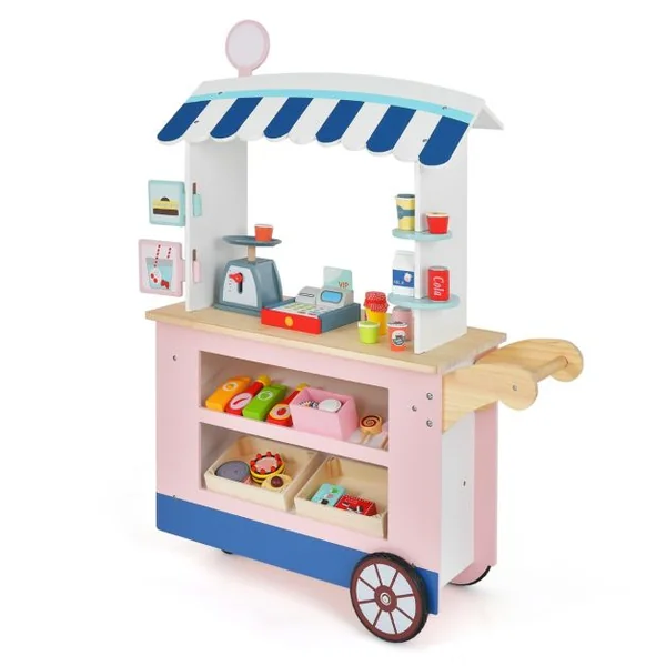 Epicerie Enfant en Bois avec 30 PCS Accessoires Marchande Enfants avec Auvent Supérieur & Poignée de Poussée Motif d’Aliments Mignons 3 Ans+