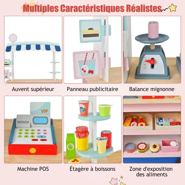 Epicerie Enfant en Bois avec 30 PCS Accessoires Marchande Enfants avec Auvent Supérieur & Poignée de Poussée Motif d’Aliments Mignons 3 Ans+