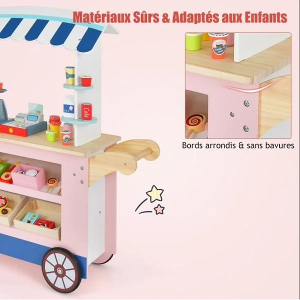 Epicerie Enfant en Bois avec 30 PCS Accessoires Marchande Enfants avec Auvent Supérieur & Poignée de Poussée Motif d’Aliments Mignons 3 Ans+