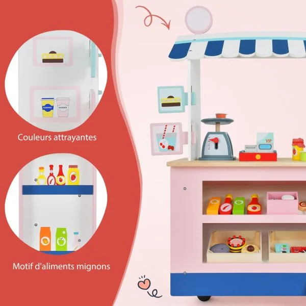 Epicerie Enfant en Bois avec 30 PCS Accessoires Marchande Enfants avec Auvent Supérieur & Poignée de Poussée Motif d’Aliments Mignons 3 Ans+
