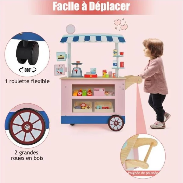 Epicerie Enfant en Bois avec 30 PCS Accessoires Marchande Enfants avec Auvent Supérieur & Poignée de Poussée Motif d’Aliments Mignons 3 Ans+