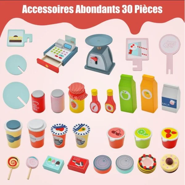 Epicerie Enfant en Bois avec 30 PCS Accessoires Marchande Enfants avec Auvent Supérieur & Poignée de Poussée Motif d’Aliments Mignons 3 Ans+