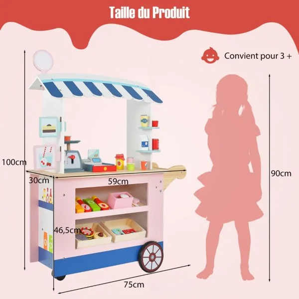 Epicerie Enfant en Bois avec 30 PCS Accessoires Marchande Enfants avec Auvent Supérieur & Poignée de Poussée Motif d’Aliments Mignons 3 Ans+