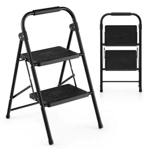 Escabeau 2 Marches Pliable 71 cm avec Poignée Rembourrée et Marche Antidérapante Échelle d'Outil en Métal Portable Charge 265 kg Noir
