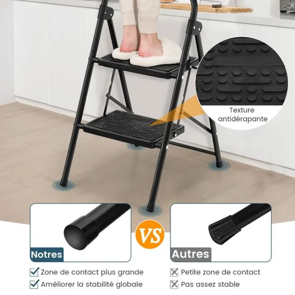 Escabeau 2 Marches Pliable 71 cm avec Poignée Rembourrée et Marche Antidérapante Échelle d'Outil en Métal Portable Charge 265 kg Noir