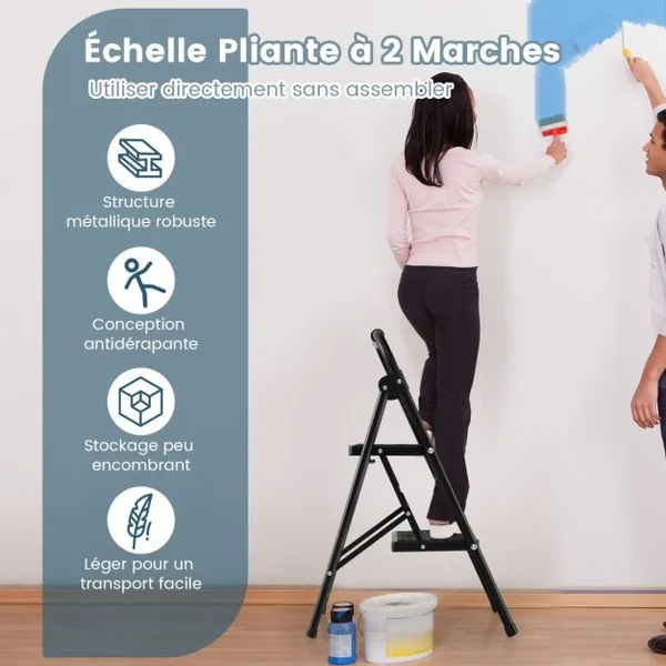 Escabeau 2 Marches Pliable 71 cm avec Poignée Rembourrée et Marche Antidérapante Échelle d'Outil en Métal Portable Charge 265 kg Noir