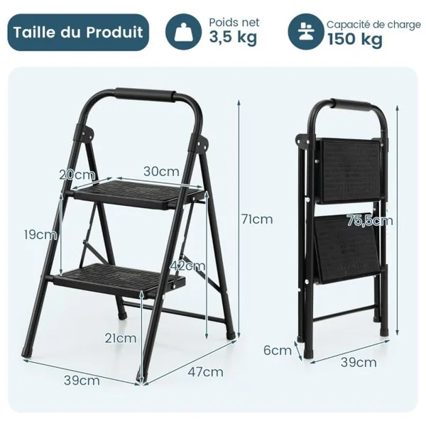 Escabeau 2 Marches Pliable 71 cm avec Poignée Rembourrée et Marche Antidérapante Échelle d'Outil en Métal Portable Charge 265 kg Noir