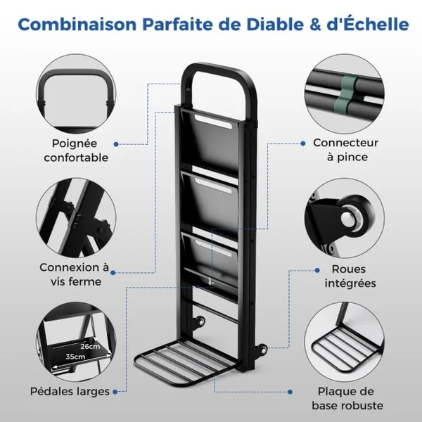 Escabeau et Diable 2 en 1 Pliant en Métal Échelle à 3 Marche avec Roues Capacité Echelle 200 kg Capacité Diable 250 kg Noir