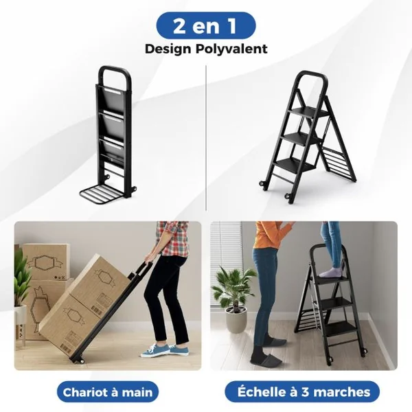 Escabeau et Diable 2 en 1 Pliant en Métal Échelle à 3 Marche avec Roues Capacité Echelle 200 kg Capacité Diable 250 kg Noir