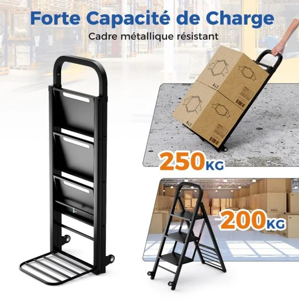Escabeau et Diable 2 en 1 Pliant en Métal Échelle à 3 Marche avec Roues Capacité Echelle 200 kg Capacité Diable 250 kg Noir