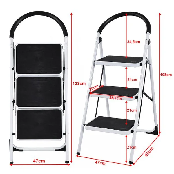 Escabeau Marches Pliant Echelle Marchepied antidérapant Escabeau Ménager en Fer 150kg capacité Hauteur 108CM Blanc Noir 3 Marches