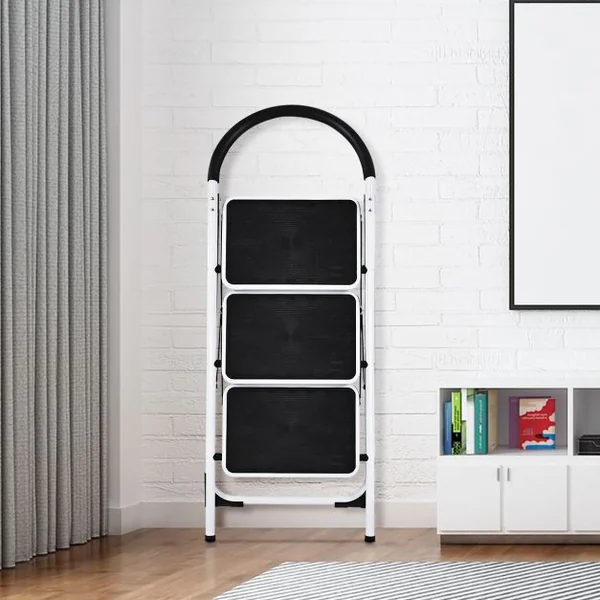 Escabeau Marches Pliant Echelle Marchepied antidérapant Escabeau Ménager en Fer 150kg capacité Hauteur 108CM Blanc Noir 3 Marches