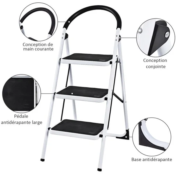 Escabeau Marches Pliant Echelle Marchepied antidérapant Escabeau Ménager en Fer 150kg capacité Hauteur 108CM Blanc Noir 3 Marches