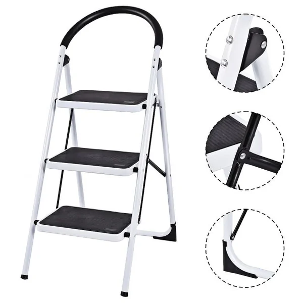 Escabeau Marches Pliant Echelle Marchepied antidérapant Escabeau Ménager en Fer 150kg capacité Hauteur 108CM Blanc Noir 3 Marches