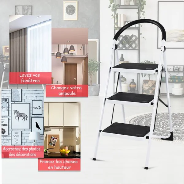 Escabeau Marches Pliant Echelle Marchepied antidérapant Escabeau Ménager en Fer 150kg capacité Hauteur 108CM Blanc Noir 3 Marches