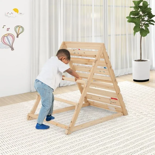 Escaladeur Triangle Double Face en Bois avec Rochers Colorés et Échelles d'Escalade Triangle d'Escalade Montessori pour 3-8 Ans Naturel