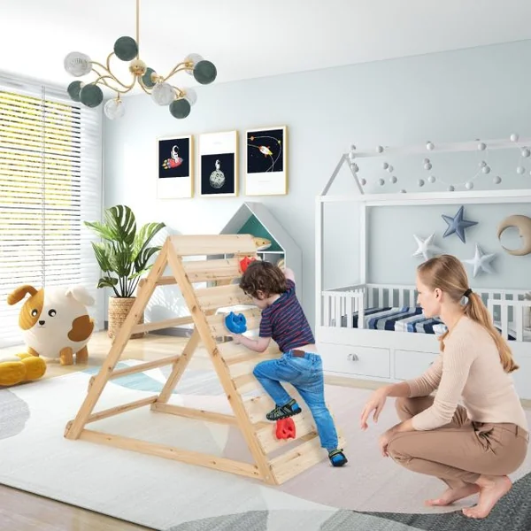 Escaladeur Triangle Double Face en Bois avec Rochers Colorés et Échelles d'Escalade Triangle d'Escalade Montessori pour 3-8 Ans Naturel