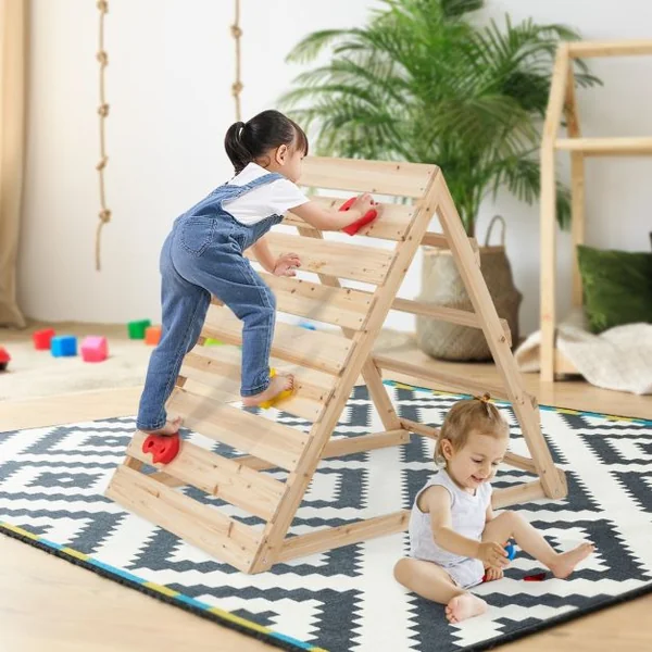 Escaladeur Triangle Double Face en Bois avec Rochers Colorés et Échelles d'Escalade Triangle d'Escalade Montessori pour 3-8 Ans Naturel