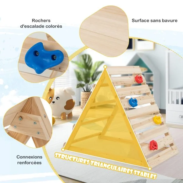 Escaladeur Triangle Double Face en Bois avec Rochers Colorés et Échelles d'Escalade Triangle d'Escalade Montessori pour 3-8 Ans Naturel