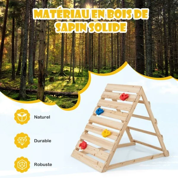 Escaladeur Triangle Double Face en Bois avec Rochers Colorés et Échelles d'Escalade Triangle d'Escalade Montessori pour 3-8 Ans Naturel
