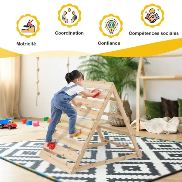 Escaladeur Triangle Double Face en Bois avec Rochers Colorés et Échelles d'Escalade Triangle d'Escalade Montessori pour 3-8 Ans Naturel
