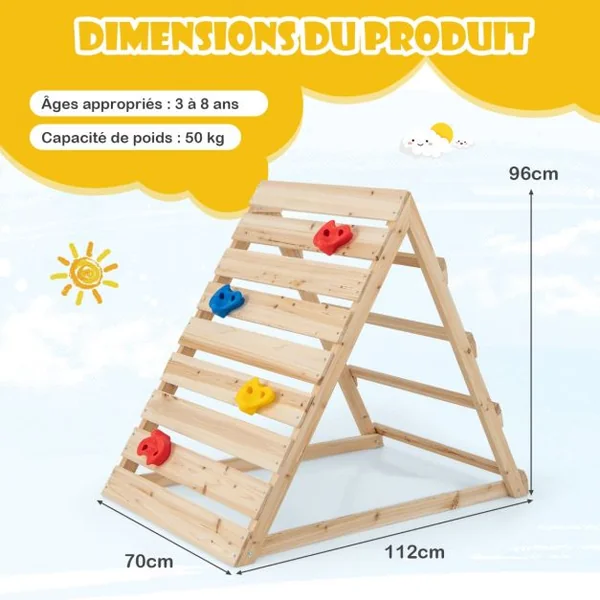 Escaladeur Triangle Double Face en Bois avec Rochers Colorés et Échelles d'Escalade Triangle d'Escalade Montessori pour 3-8 Ans Naturel