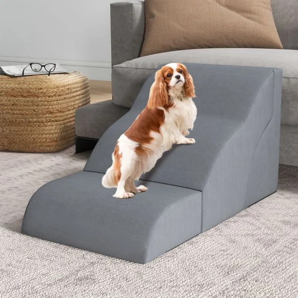 Escalier pour Chien Chat en Mousse 3 Marches Charge 30KG Rampe pour Animaux avec Fond Antidérapant Housse Amovible Gris