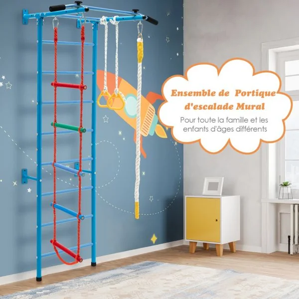Espalier de Gymnastique Enfants Mur Escalade avec Barre de Traction Anneaux de Gym - Échelle en Tricot - Trapèze Bleu