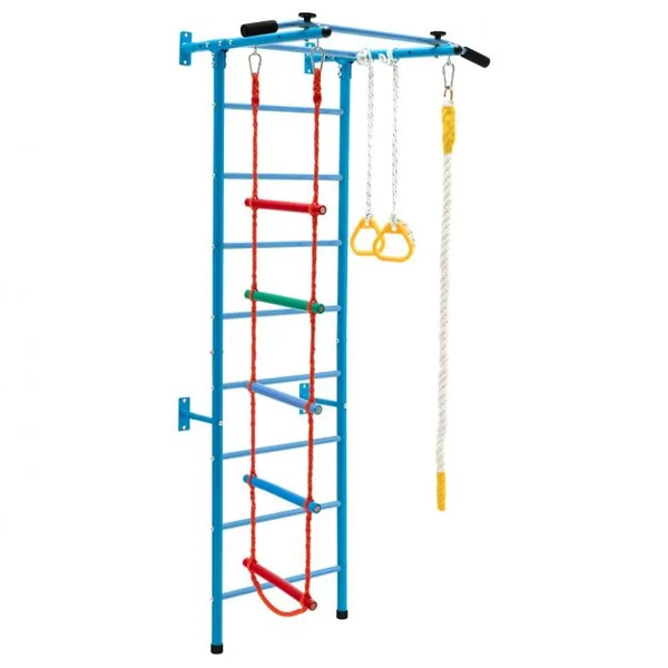 Espalier de Gymnastique Enfants Mur Escalade avec Barre de Traction Anneaux de Gym - Échelle en Tricot - Trapèze Bleu