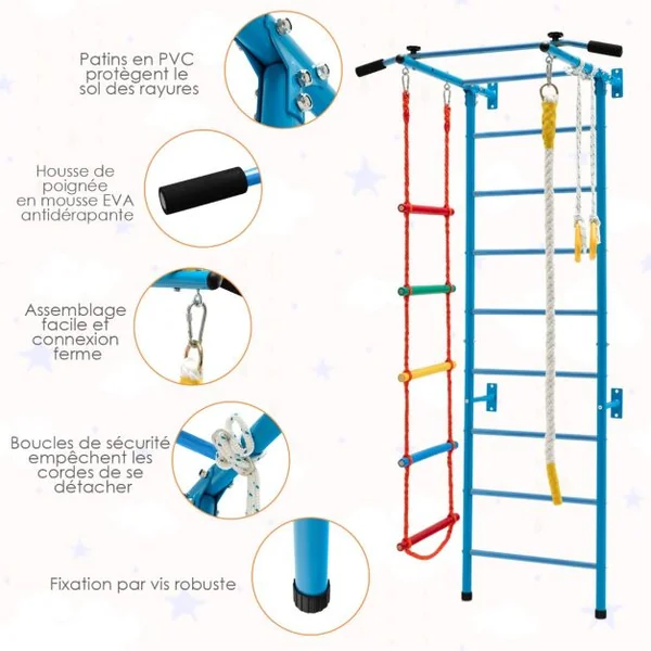 Espalier de Gymnastique Enfants Mur Escalade avec Barre de Traction Anneaux de Gym - Échelle en Tricot - Trapèze Bleu